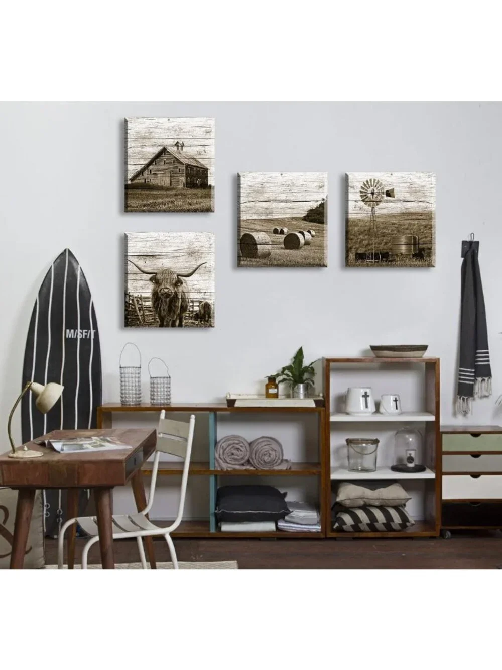 Rustic Highland Cow Canvas Wall Art | Farmhouse Decor, 4 Panel Set, Ready to